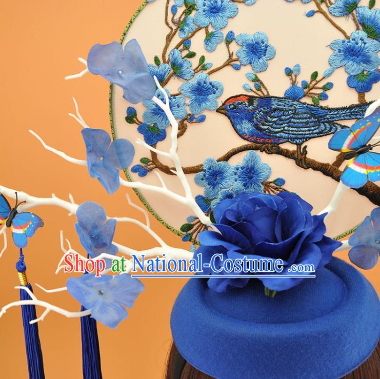 Chinese Stage Show Hair Crown Traditional Court Branch Top Hat Qipao Catwalks Deluxe Blue Rose Headpiece