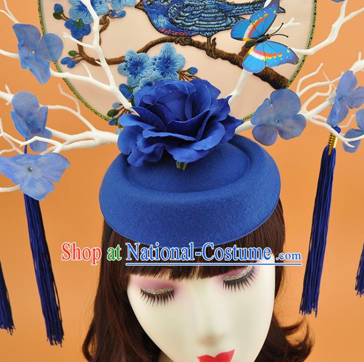 Chinese Stage Show Hair Crown Traditional Court Branch Top Hat Qipao Catwalks Deluxe Blue Rose Headpiece