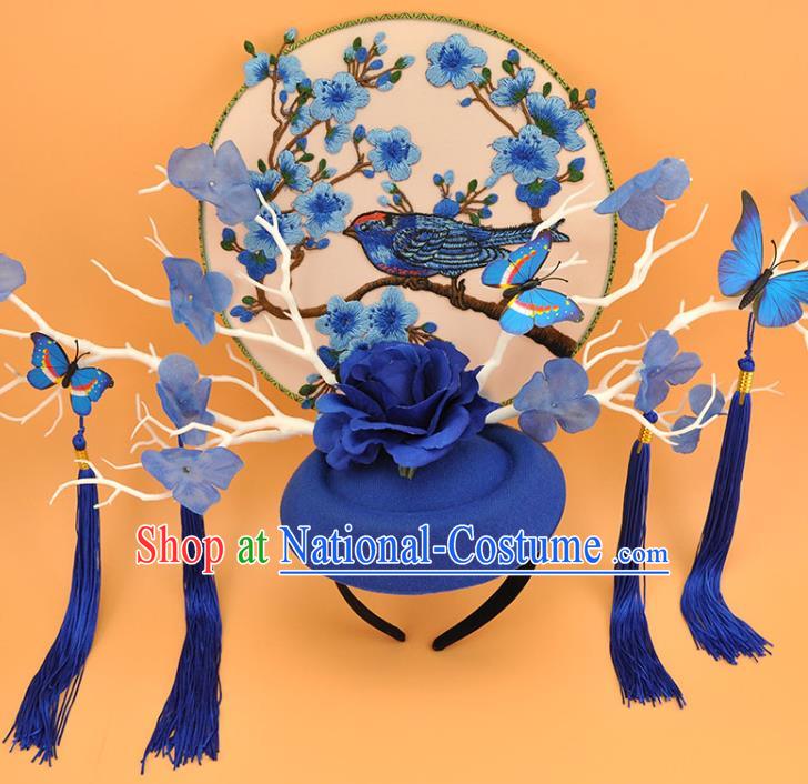 Chinese Stage Show Hair Crown Traditional Court Branch Top Hat Qipao Catwalks Deluxe Blue Rose Headpiece