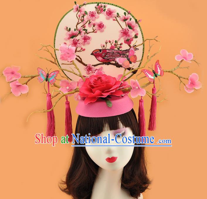 Chinese Handmade Qipao Catwalks Deluxe Pink Rose Headpiece Stage Show Embroidered Hair Crown Traditional Court Branch Top Hat