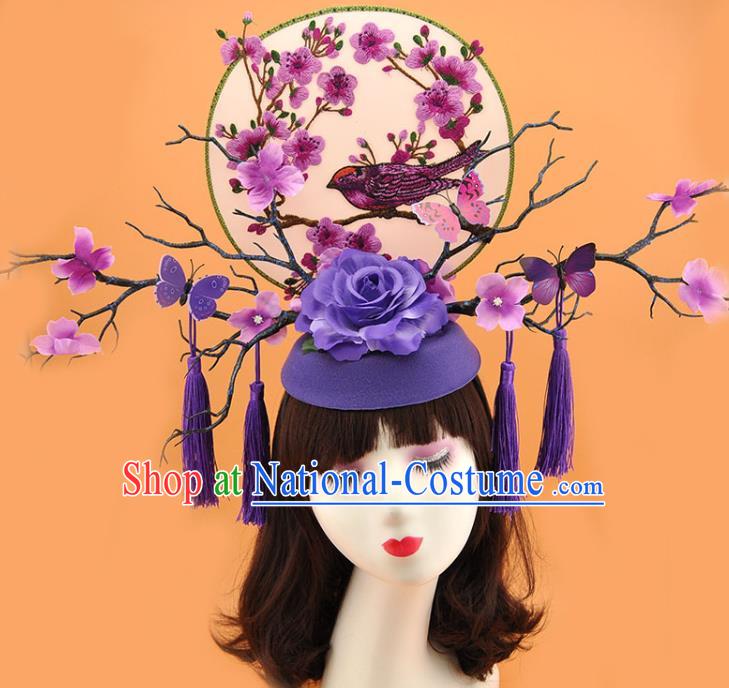 Chinese Traditional Court Purple Butterfly Branch Top Hat Handmade Qipao Catwalks Deluxe Rose Headpiece Stage Show Embroidered Hair Crown