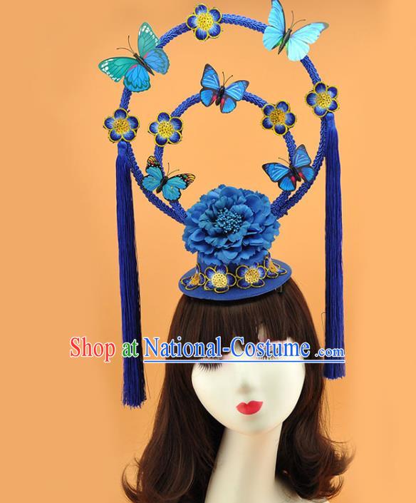 Chinese Traditional Court Blue Butterfly Top Hat Catwalks Deluxe Headpiece Stage Show Tassel Hair Crown