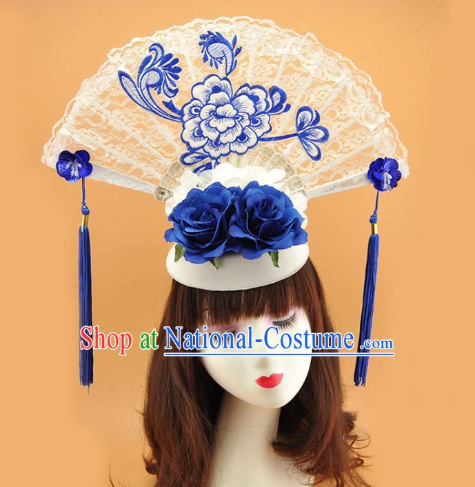 Chinese Stage Show Embroidered Peony Hair Crown Traditional Court White Lace Fan Top Hat Handmade Qipao Catwalks Deluxe Headpiece