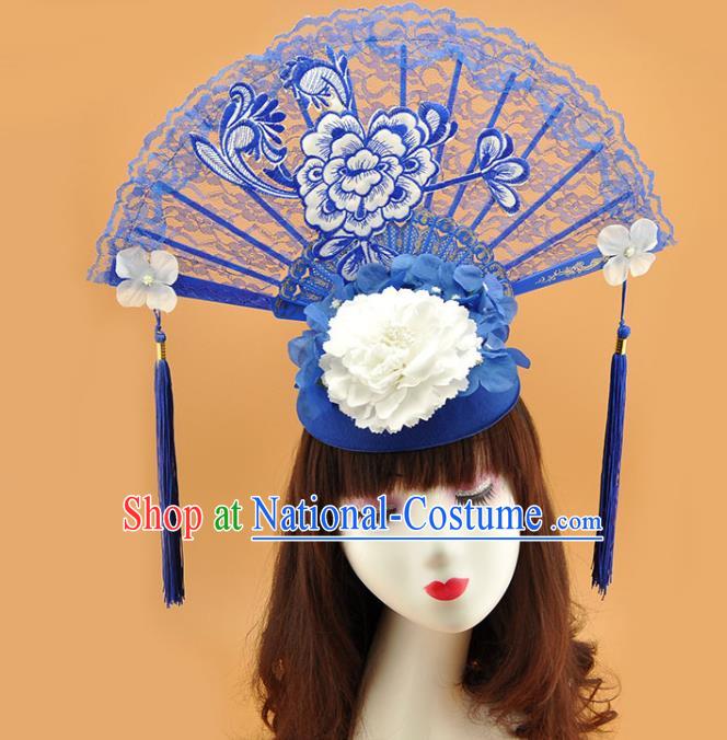 Chinese Traditional Court Blue Lace Fan Top Hat Handmade Qipao Catwalks Deluxe Headpiece Stage Show Embroidered Peony Hair Crown