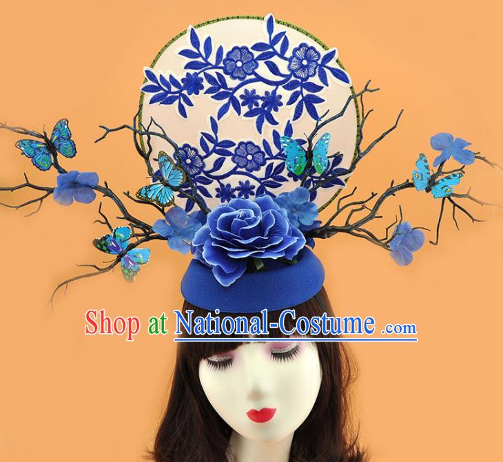 Chinese Handmade Qipao Catwalks Deluxe Headpiece Stage Show Embroidered Hair Crown Traditional Court Branch Fan Top Hat