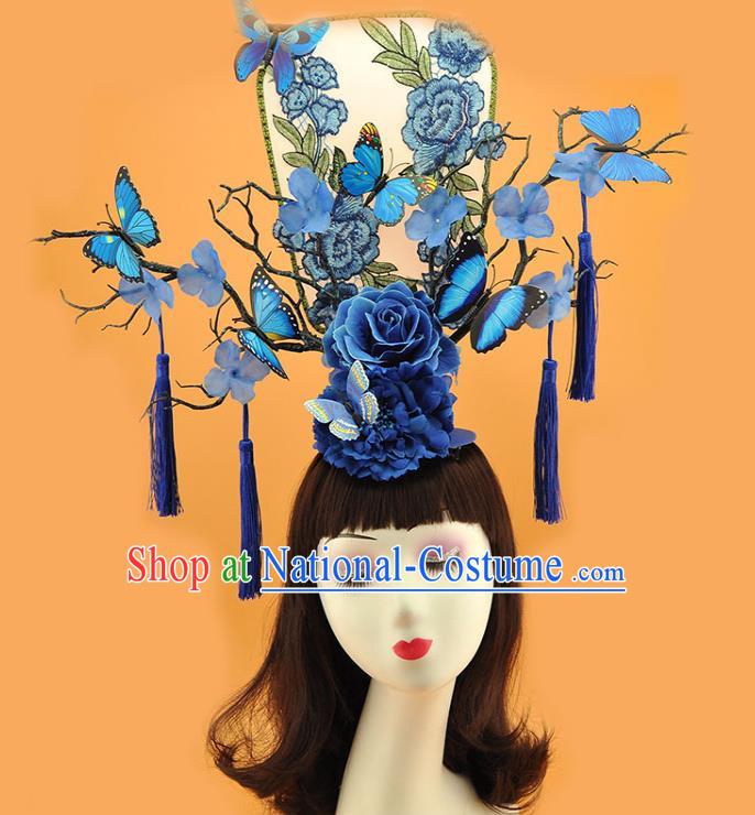 Chinese Traditional Court Blue Butterfly Fan Top Hat Handmade Qipao Catwalks Deluxe Headpiece Stage Show Embroidered Peony Hair Crown