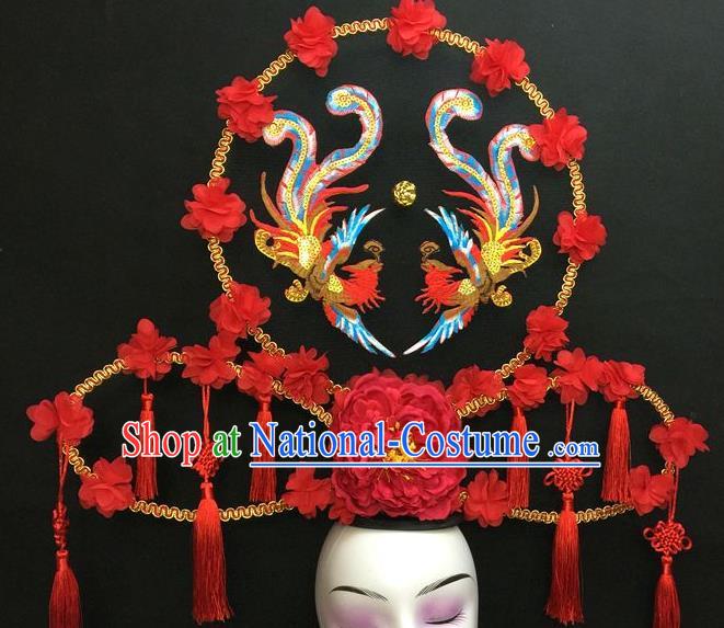 Chinese Qipao Stage Show Embroidered Phoenix Hair Crown Traditional Court Red Peony Fan Top Hat Handmade Catwalks Deluxe Headpiece