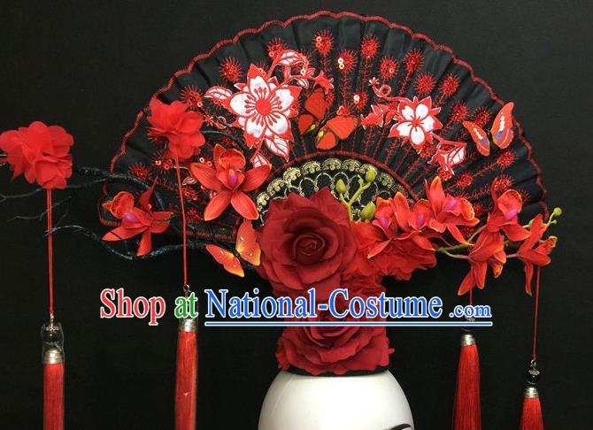 Chinese Traditional Court Black Fan Top Hat Handmade Catwalks Deluxe Headpiece Qipao Stage Show Tassel Hair Crown