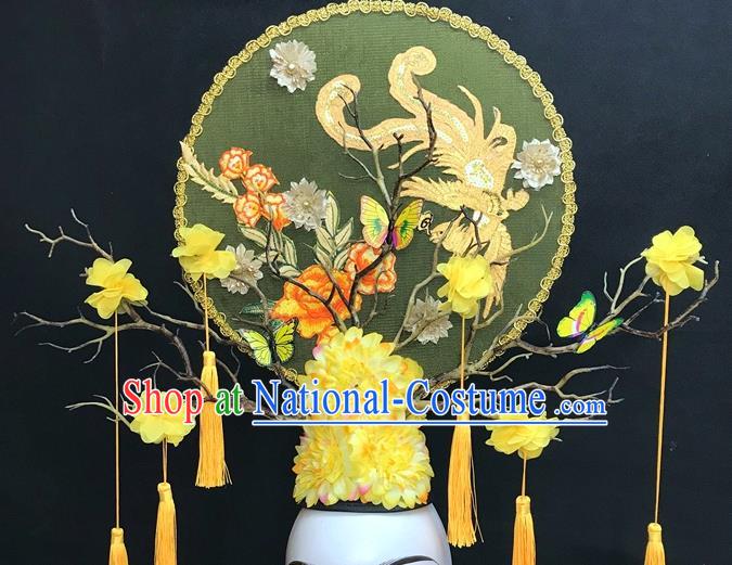 Chinese Qipao Stage Show Embroidered Phoenix Hair Crown Traditional Court Yellow Flowers Top Hat Handmade Catwalks Deluxe Headpiece