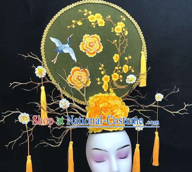 Chinese Handmade Catwalks Deluxe Headpiece Qipao Stage Show Embroidered Crane Hair Crown Traditional Court Yellow Peony Top Hat