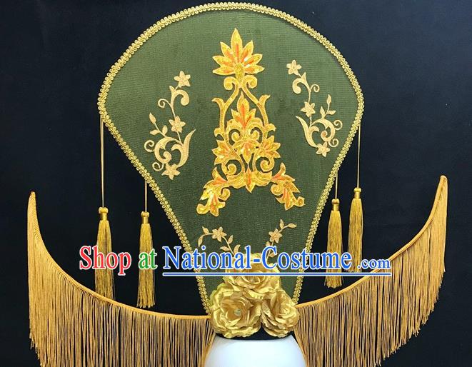 Chinese Handmade Catwalks Deluxe Tassel Headwear Qipao Stage Show Golden Peony Hair Crown Traditional Court Top Hat