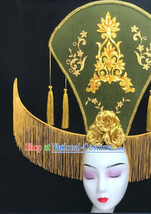 Chinese Handmade Catwalks Deluxe Tassel Headwear Qipao Stage Show Golden Peony Hair Crown Traditional Court Top Hat