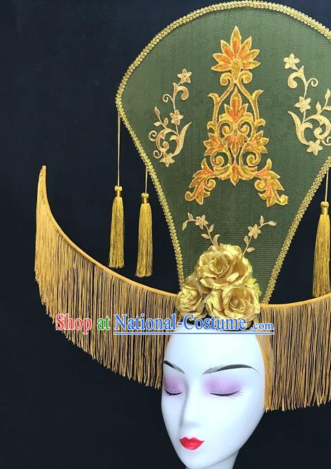 Chinese Handmade Catwalks Deluxe Tassel Headwear Qipao Stage Show Golden Peony Hair Crown Traditional Court Top Hat