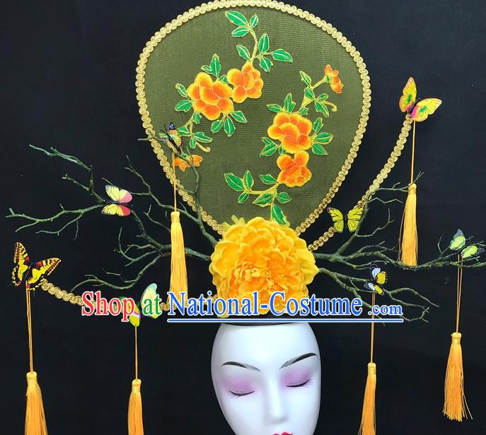 Chinese Traditional Court Giant Top Hat Handmade Catwalks Deluxe Headwear Qipao Stage Show Yellow Peony Hair Crown