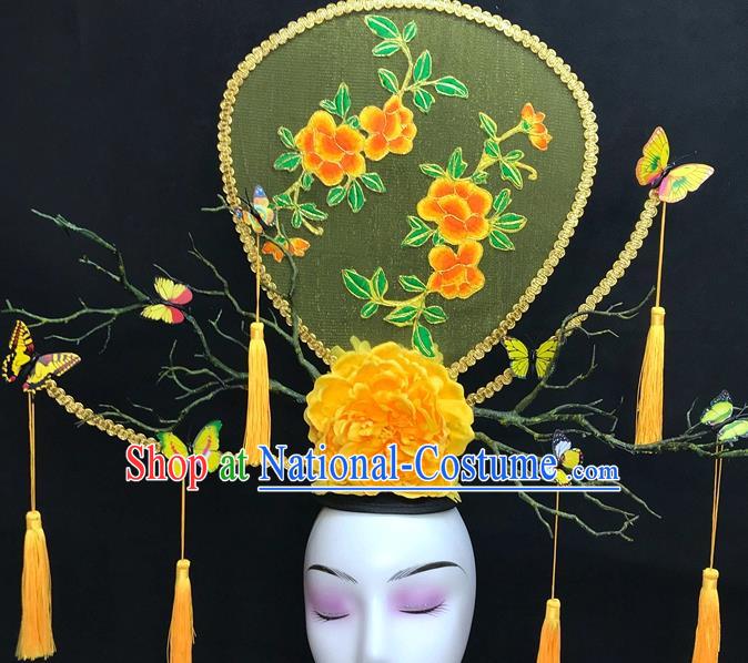 Chinese Traditional Court Giant Top Hat Handmade Catwalks Deluxe Headwear Qipao Stage Show Yellow Peony Hair Crown