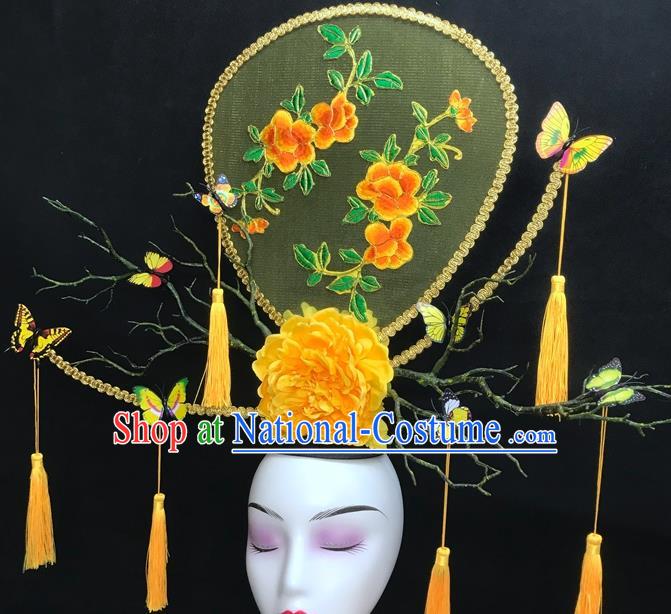 Chinese Traditional Court Giant Top Hat Handmade Catwalks Deluxe Headwear Qipao Stage Show Yellow Peony Hair Crown