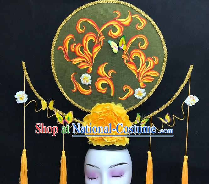 Chinese Qipao Stage Show Yellow Peony Hair Crown Traditional Court Giant Top Hat Handmade Catwalks Deluxe Butterfly Headwear