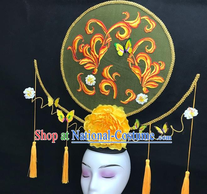 Chinese Qipao Stage Show Yellow Peony Hair Crown Traditional Court Giant Top Hat Handmade Catwalks Deluxe Butterfly Headwear