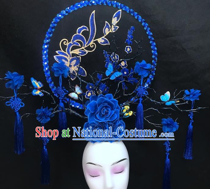 Chinese Qipao Stage Show Blue Hair Crown Traditional Court Giant Fan Top Hat Handmade Catwalks Deluxe Rose Branch Headwear