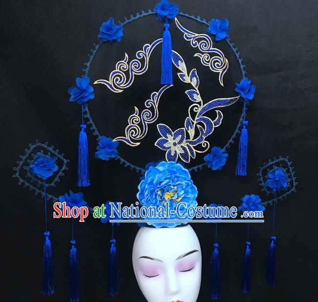 Chinese Handmade Catwalks Deluxe Headwear Qipao Stage Show Tassel Hair Crown Traditional Court Giant Blue Peony Top Hat