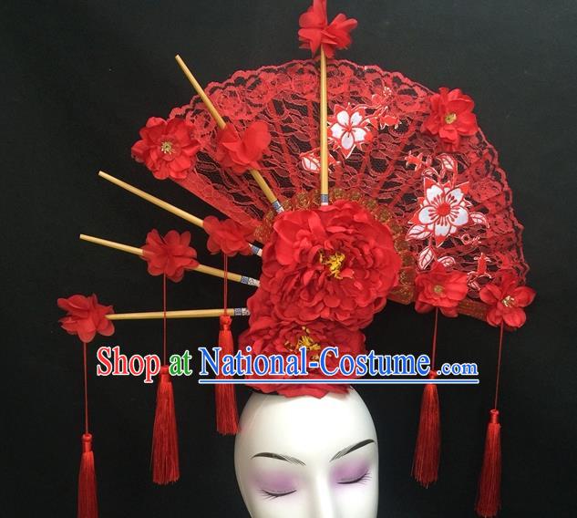 Chinese Handmade Catwalks Deluxe Lace Fan Headwear Qipao Stage Show Hair Crown Traditional Court Giant Red Peony Top Hat