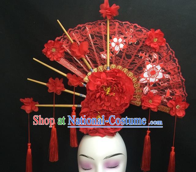 Chinese Handmade Catwalks Deluxe Lace Fan Headwear Qipao Stage Show Hair Crown Traditional Court Giant Red Peony Top Hat