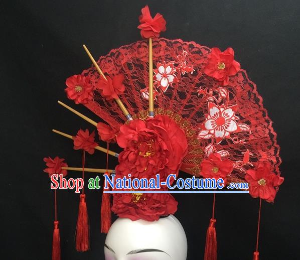 Chinese Handmade Catwalks Deluxe Lace Fan Headwear Qipao Stage Show Hair Crown Traditional Court Giant Red Peony Top Hat