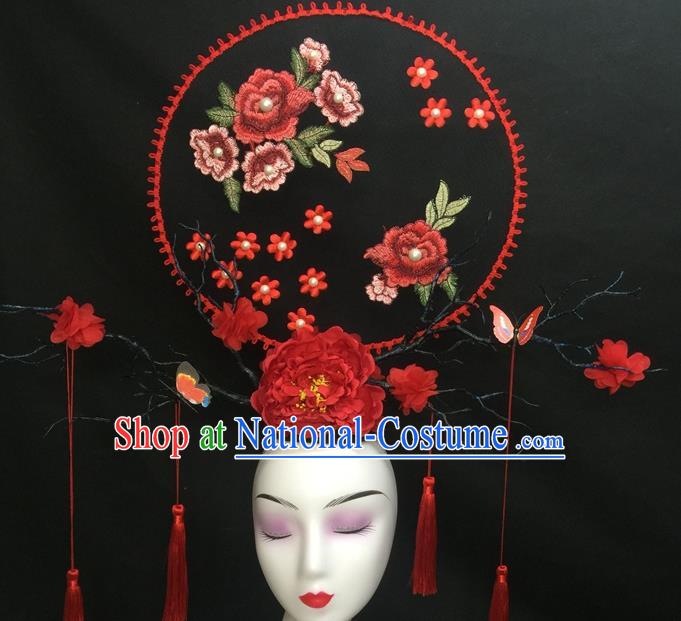 Chinese Traditional Court Giant Embroidered Top Hat Handmade Catwalks Deluxe Fan Headwear Qipao Stage Show Peony Hair Crown