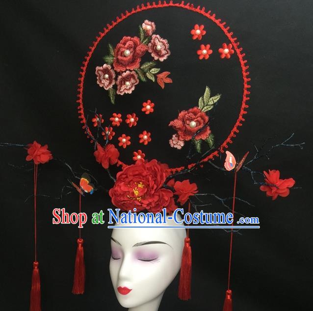 Chinese Traditional Court Giant Embroidered Top Hat Handmade Catwalks Deluxe Fan Headwear Qipao Stage Show Peony Hair Crown