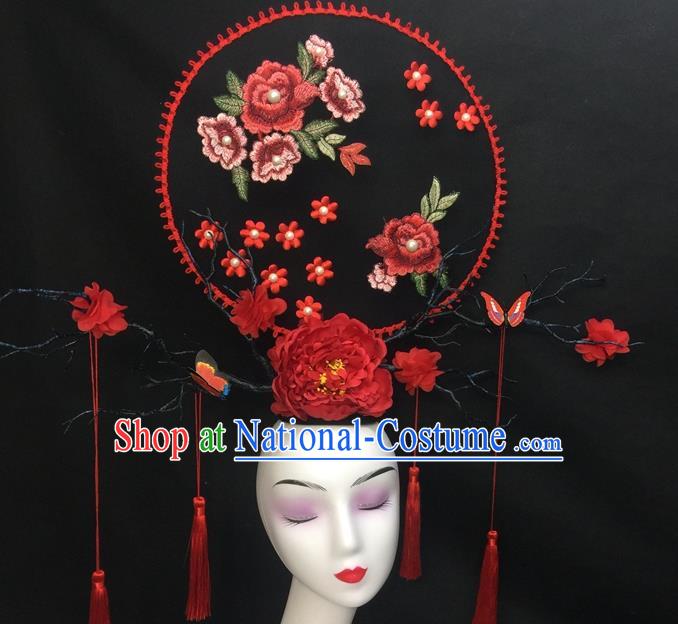 Chinese Traditional Court Giant Embroidered Top Hat Handmade Catwalks Deluxe Fan Headwear Qipao Stage Show Peony Hair Crown