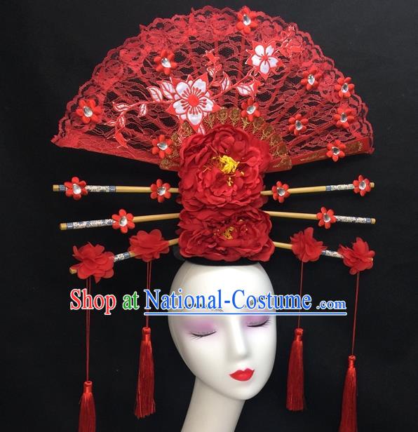 Chinese Traditional Court Giant Red Peony Top Hat Handmade Catwalks Deluxe Lace Fan Headwear Qipao Stage Show Tassel Hair Crown