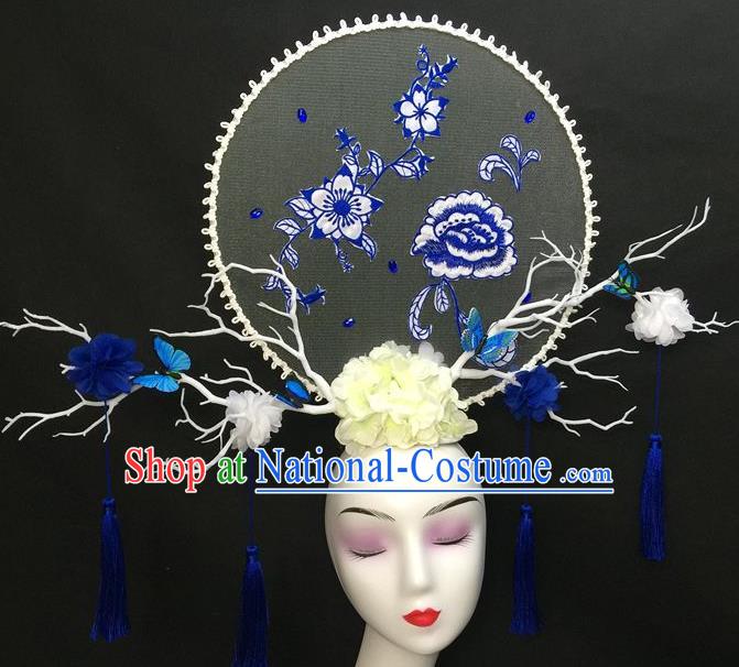 Chinese Qipao Stage Show Tassel Hair Crown Traditional Court Giant Top Hat Handmade Catwalks Deluxe Embroidered Peony Headwear