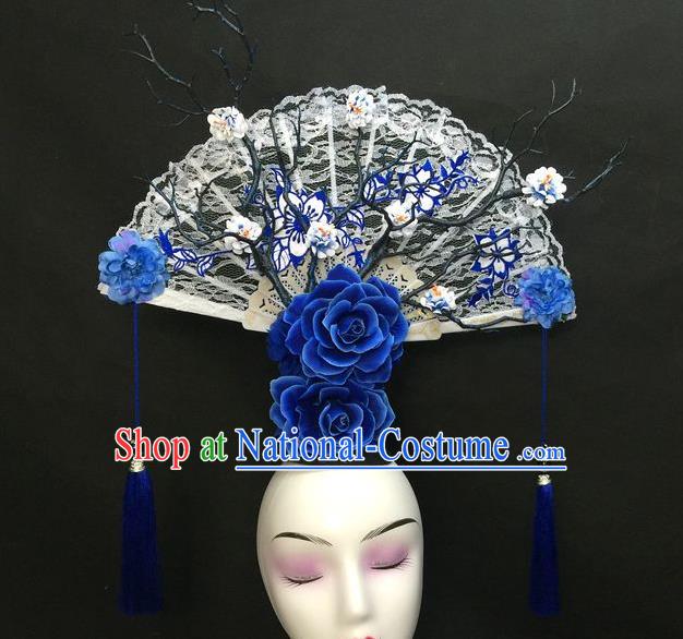 Chinese Traditional Court Giant Top Hat Handmade Catwalks Deluxe Embroidered Headwear Qipao Stage Show White Lace Fan Hair Crown