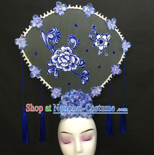 Chinese Qipao Stage Show Large Fan Hair Crown Traditional Court Giant Lilac Flowers Top Hat Handmade Catwalks Deluxe Headwear