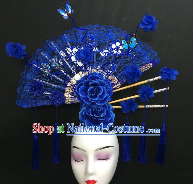 Chinese Handmade Catwalks Deluxe Lace Fashion Headwear Qipao Stage Show Hair Crown Traditional Court Giant Blue Fan Tassel Top Hat