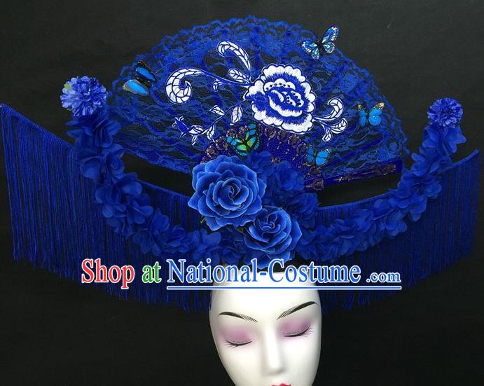 Chinese Qipao Stage Show Embroidered Peony Hair Crown Traditional Court Giant Blue Lace Fan Top Hat Handmade Catwalks Deluxe Tassel Fashion Headwear