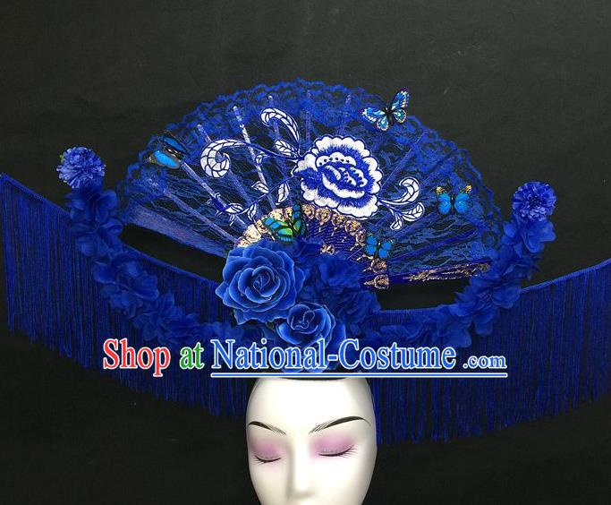 Chinese Qipao Stage Show Embroidered Peony Hair Crown Traditional Court Giant Blue Lace Fan Top Hat Handmade Catwalks Deluxe Tassel Fashion Headwear