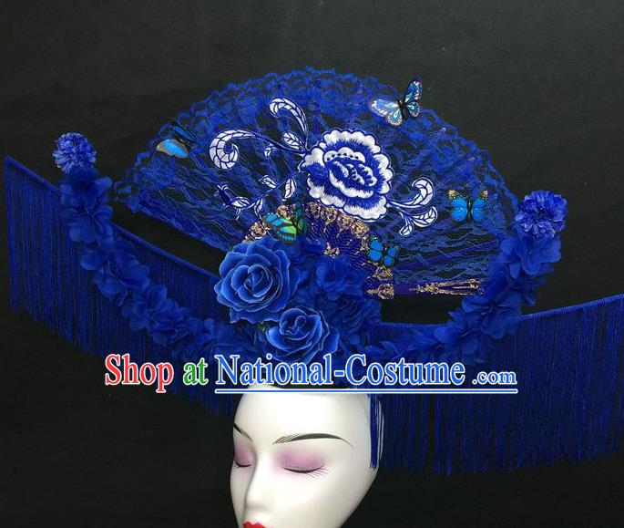 Chinese Qipao Stage Show Embroidered Peony Hair Crown Traditional Court Giant Blue Lace Fan Top Hat Handmade Catwalks Deluxe Tassel Fashion Headwear