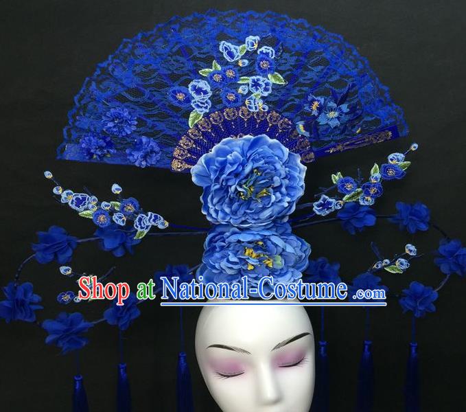 Chinese Cheongsam Stage Show Blue Peony Hair Crown Traditional Court Giant Top Hat Handmade Catwalks Deluxe Lace Fan Fashion Headwear