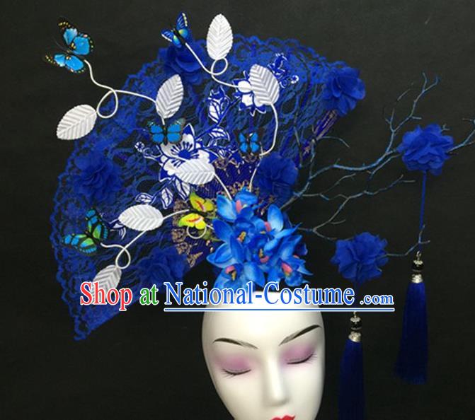 Chinese Handmade Catwalks Deluxe Blue Lace Fan Fashion Headwear Cheongsam Stage Show Hair Crown Traditional Court Giant Top Hat