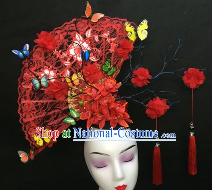 Chinese Traditional Court Tassel Giant Top Hat Handmade Catwalks Deluxe Red Lace Fan Fashion Headwear Cheongsam Stage Show Hair Crown