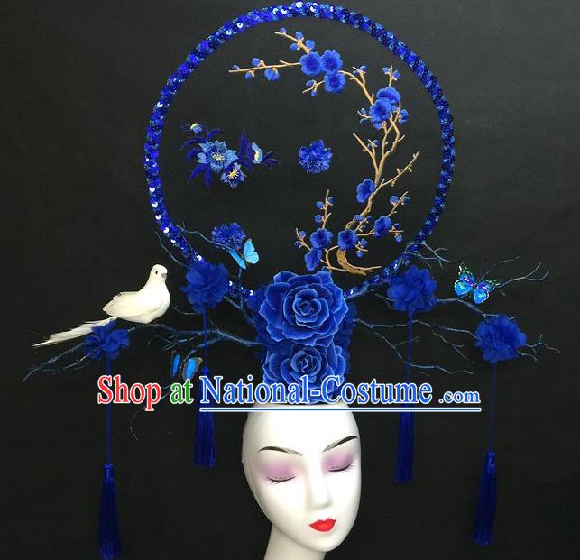 Chinese Handmade Catwalks Deluxe Fashion Headwear Qipao Stage Show Embroidered Plum Hair Crown Traditional Court Giant Top Hat