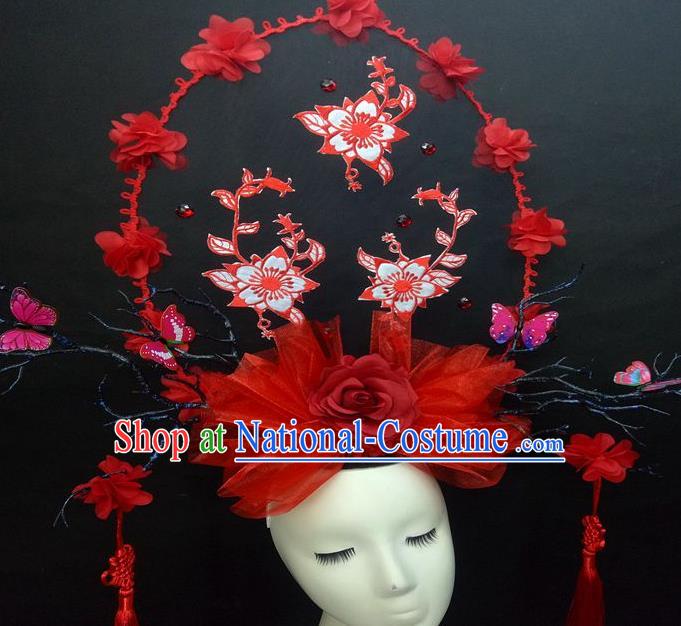 Chinese Cheongsam Stage Show Red Veil Hair Crown Traditional Court Tassel Giant Top Hat Handmade Catwalks Deluxe Butterfly Fashion Headwear