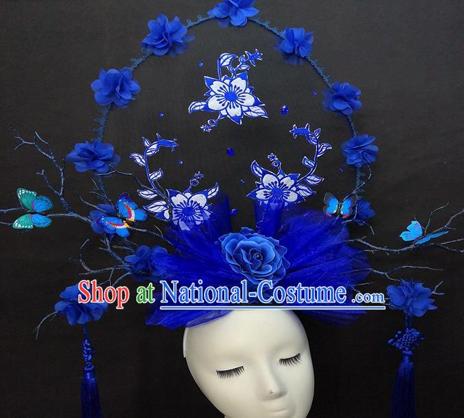 Chinese Handmade Catwalks Deluxe Butterfly Fashion Headwear Cheongsam Stage Show Royalblue Veil Hair Crown Traditional Court Tassel Giant Top Hat