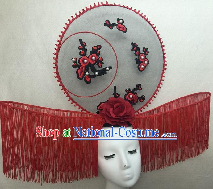 Chinese Traditional Court Red Tassel Giant Top Hat Handmade Catwalks Deluxe Fashion Headwear Cheongsam Stage Show Fan Hair Crown