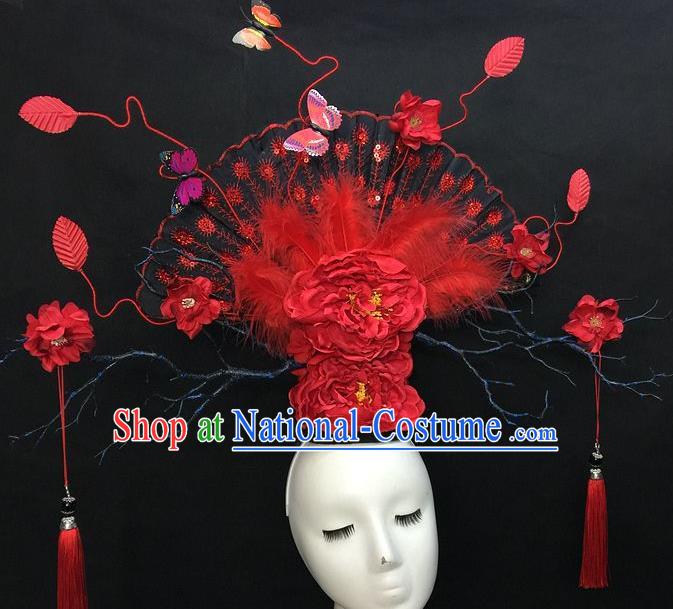 Chinese Traditional Court Deluxe Fan Top Hat Handmade Catwalks Red Peony Fashion Headwear Cheongsam Stage Show Giant Feather Hair Crown