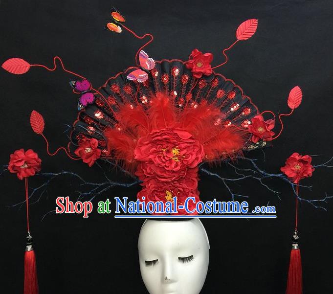 Chinese Traditional Court Deluxe Fan Top Hat Handmade Catwalks Red Peony Fashion Headwear Cheongsam Stage Show Giant Feather Hair Crown