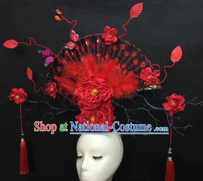 Chinese Traditional Court Deluxe Fan Top Hat Handmade Catwalks Red Peony Fashion Headwear Cheongsam Stage Show Giant Feather Hair Crown