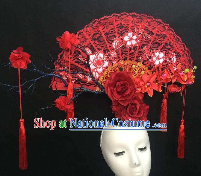 Chinese Traditional Stage Court Deluxe Top Hat Handmade Cheongsam Catwalks Red Lace Fan Headwear Fashion Show Giant Hair Crown