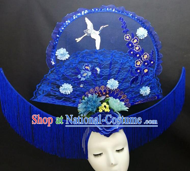 Chinese Handmade Fashion Show Giant Hair Crown Traditional Stage Court Deluxe Tassel Top Hat Cheongsam Catwalks Blue Lace Fan Headwear